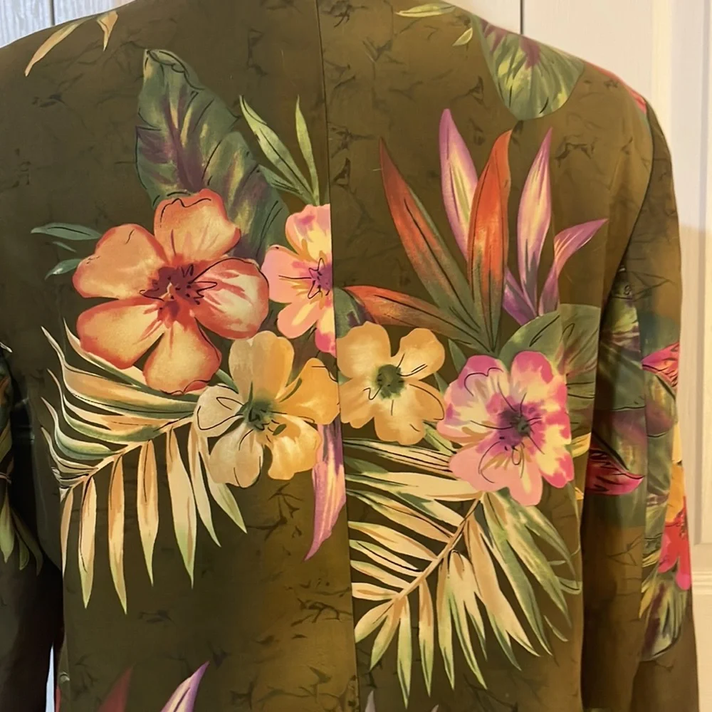 Peck & Peck Collection Women’s SZ 14 Floral Olive Open Front Silk Blend Blazer - Picture 6 of 13